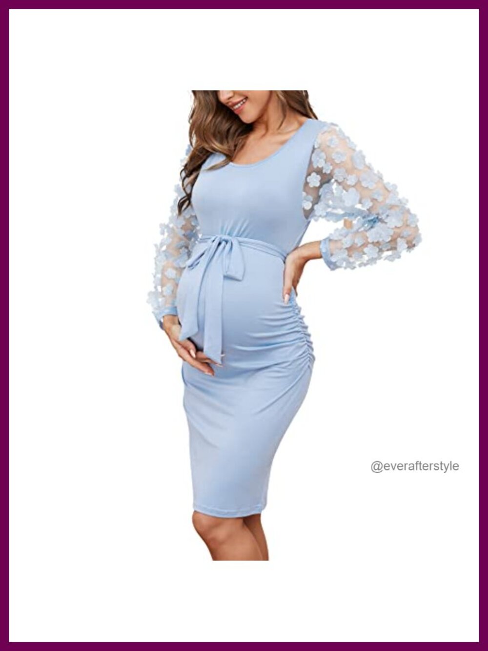 Floral Mesh Bishop Long Sleeve Maternity Midi Dress Baby Shower Bodycon
